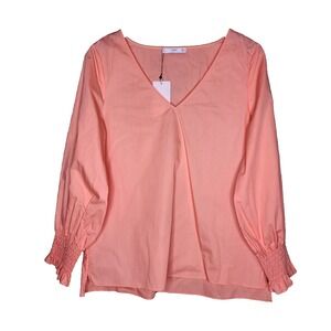 MNG Mango Suit Collection Top‎ V-Neck Smocked Long Sleeve Peach Boho Split Hem 6